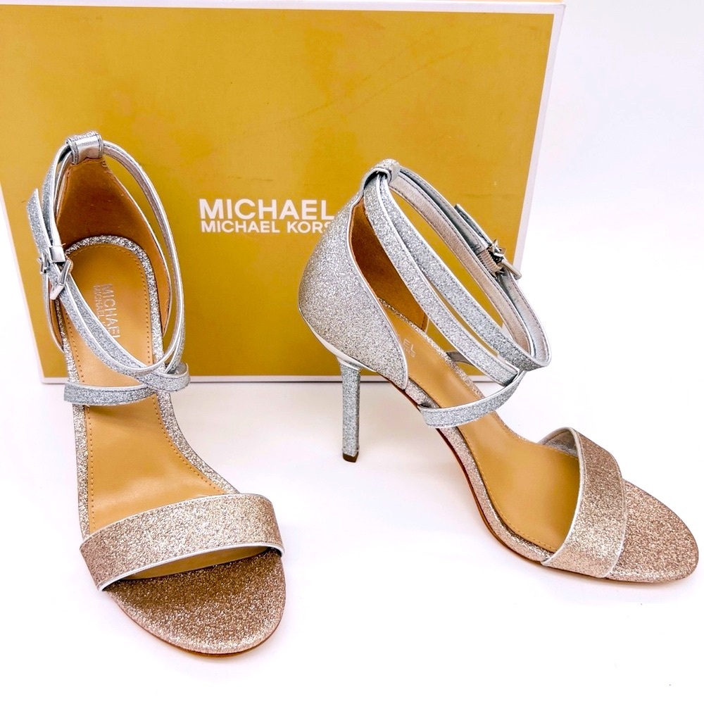 Michael Kors Silver & Gold Glitter Finished Heel Sandals 6.5 NWT